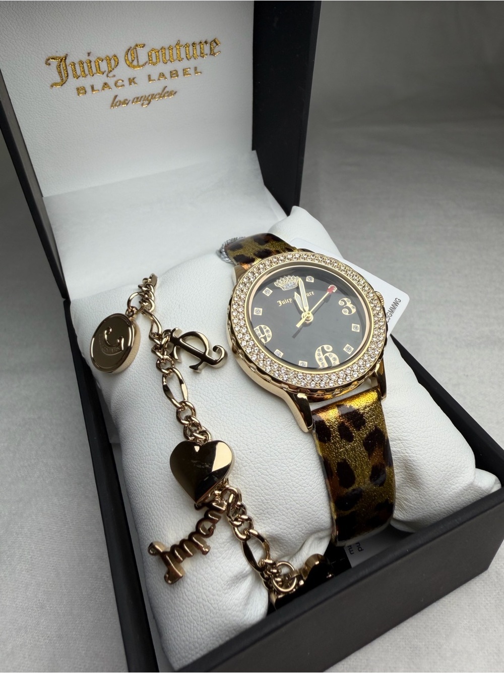 NIB Juicy Couture Black Label Swarovski Crystal Leopard Watch Charm Bracelet Set